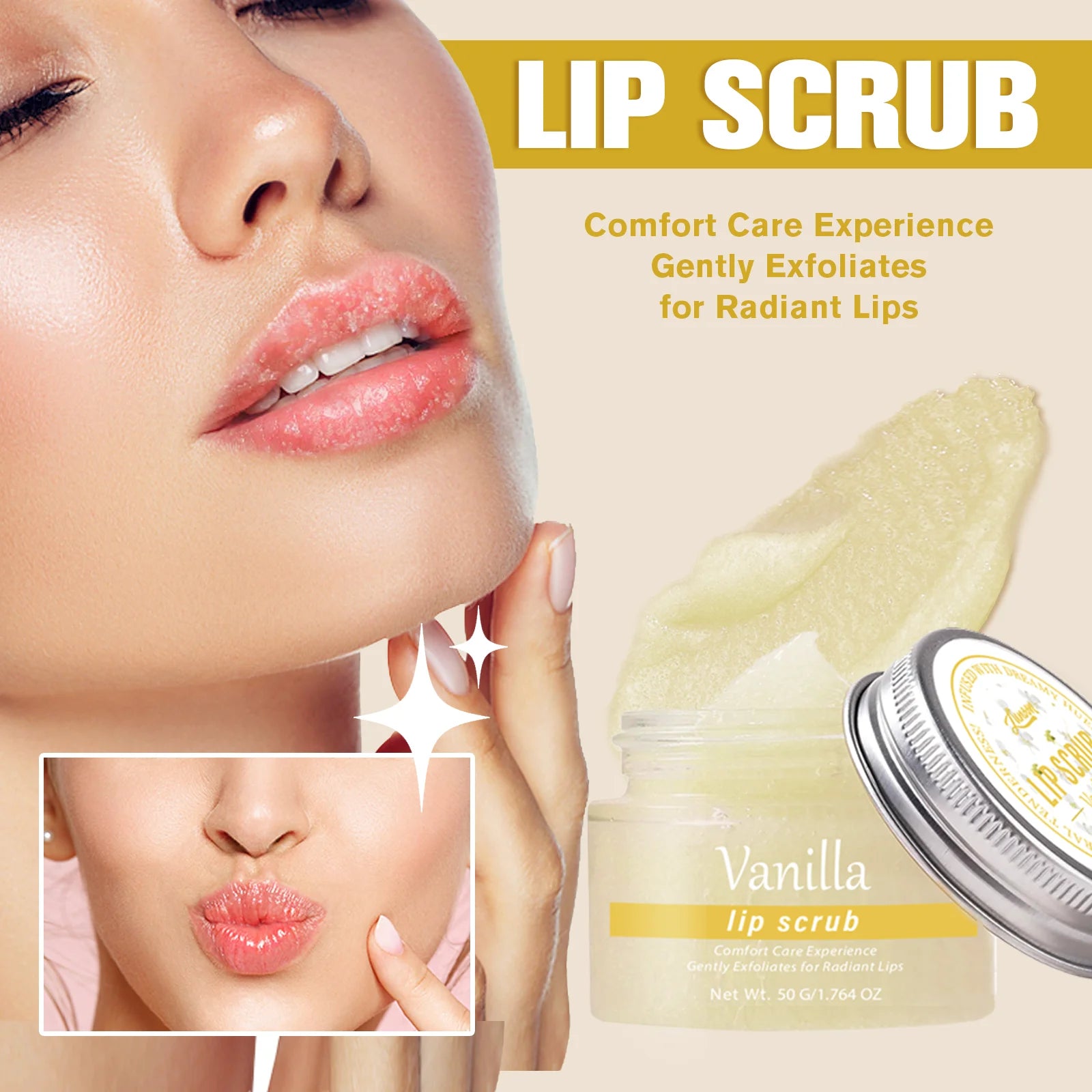 LUNOON Vanilla Lip Scrub 50g – Gentle Exfoliation for Radiant, Smooth Lips, Shea Butter & Avocado Oil | Long-Lasting Hydration