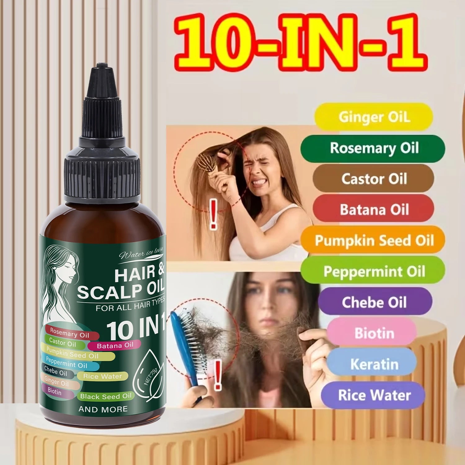 Hair Growth Oil with Castor Oil & Rosemary，10 Natural Oils Blend for Hair & Scalp, All Hair Types, BOGO Free, Fast Ship