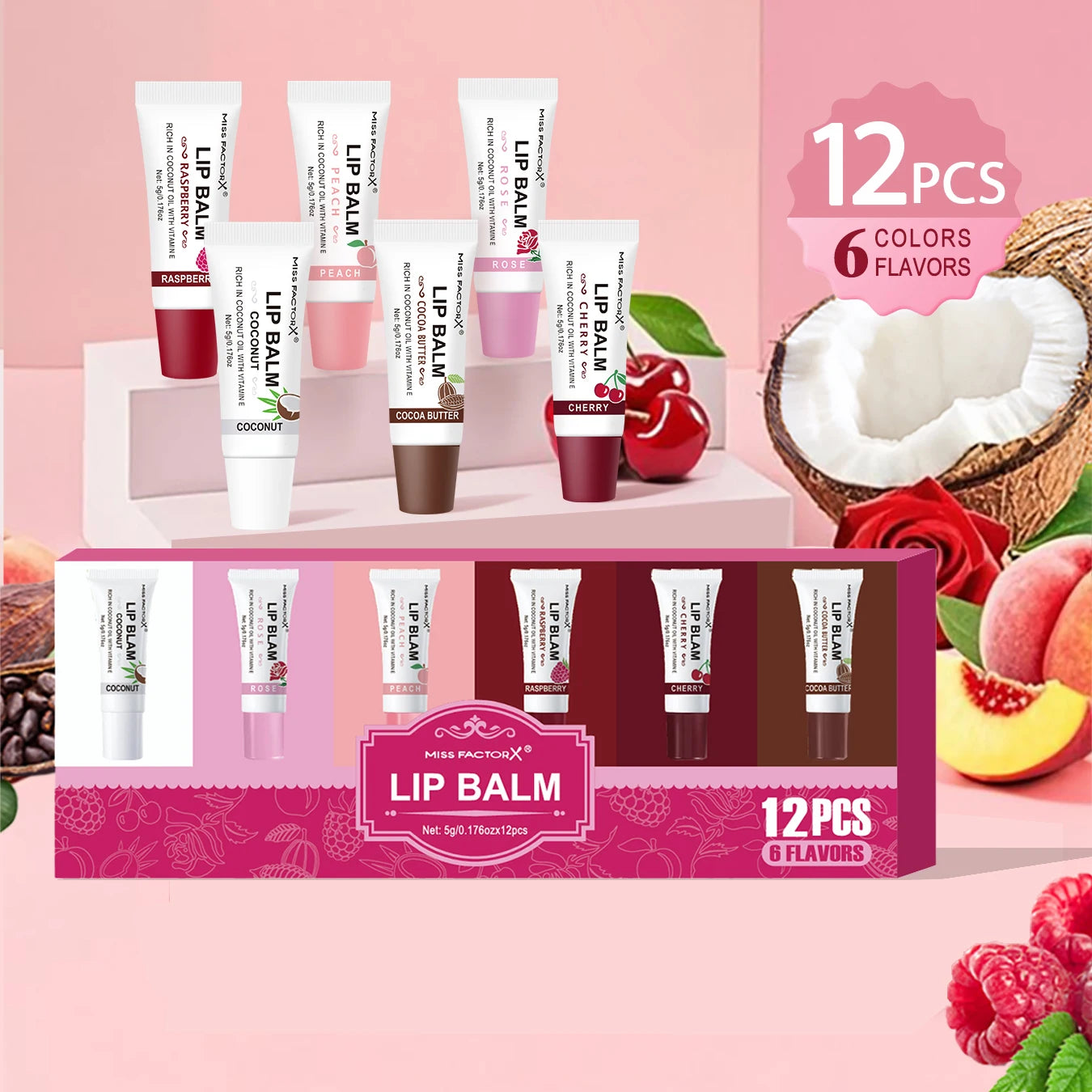 12pcs Lip Oil Set with 6 Flavors - Coconut, Rose, Peach, Raspberry, Cocoa Oil Flavors, Moisturizing Gloss, Strengthening Lip Col