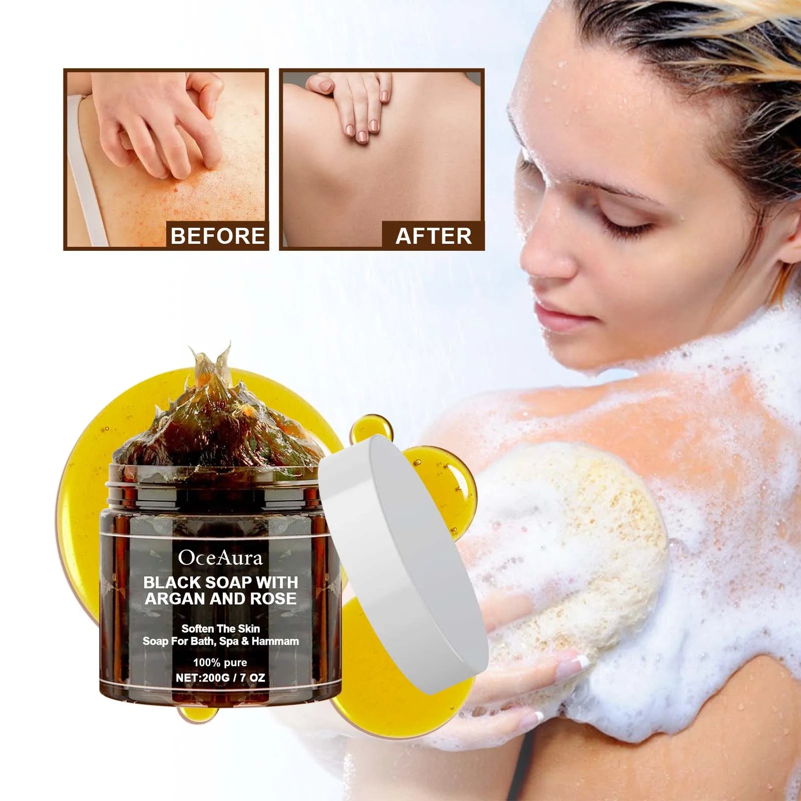 OceAura Black Soap Deep Moisturizing Purifying Skin Smoothing Oil Control Dead Skin Remover Exfoliation Body Cleansing Soap 200g