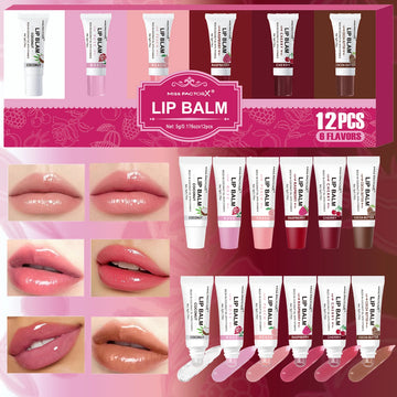 12pcs Lip Oil Set with 6 Flavors - Coconut, Rose, Peach, Raspberry, Cocoa Oil Flavors, Moisturizing Gloss, Strengthening Lip Col