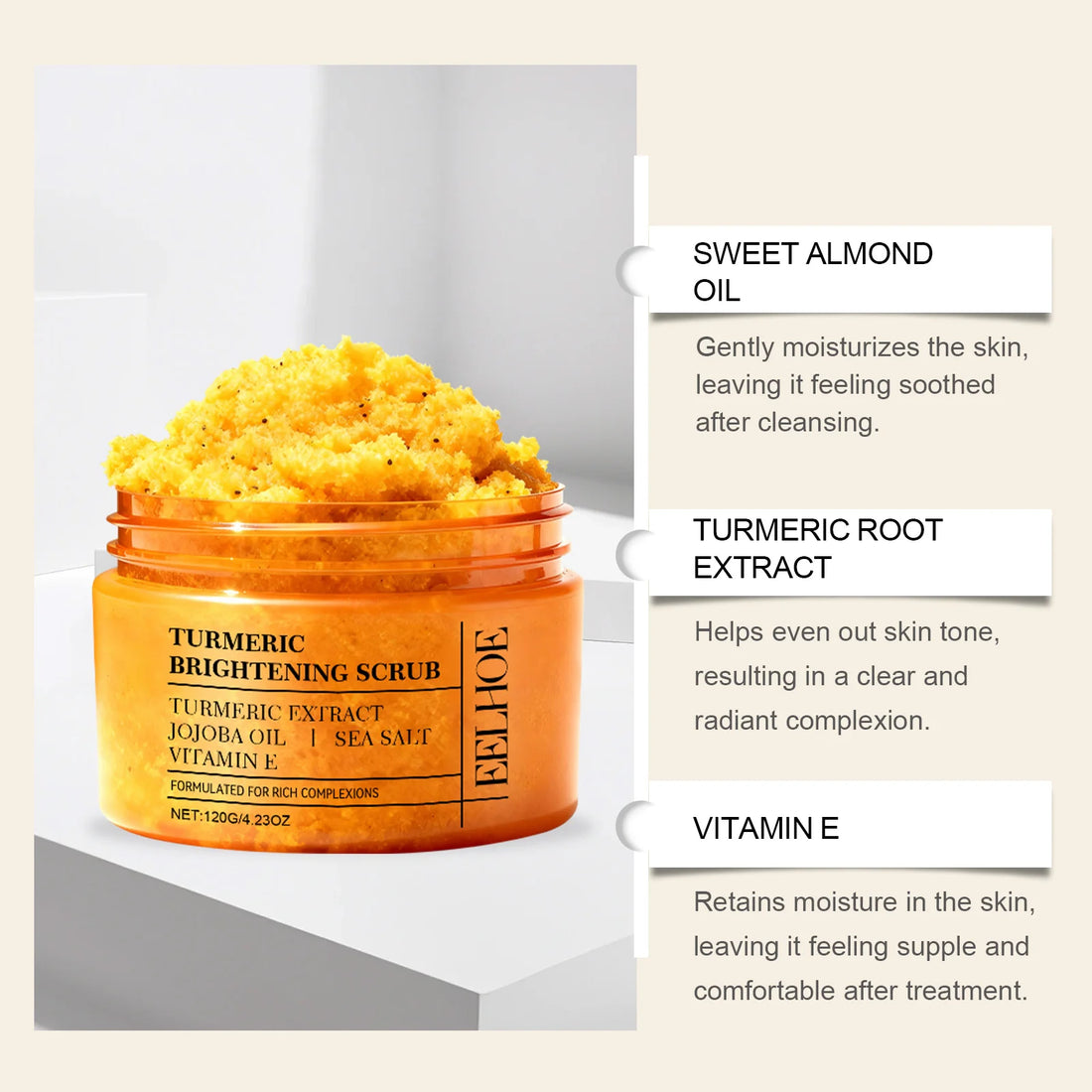 Turmeric Scrub - Gently cleanses body skin, leaving it hydrated, soft, smooth, and refreshed. Care scrub.