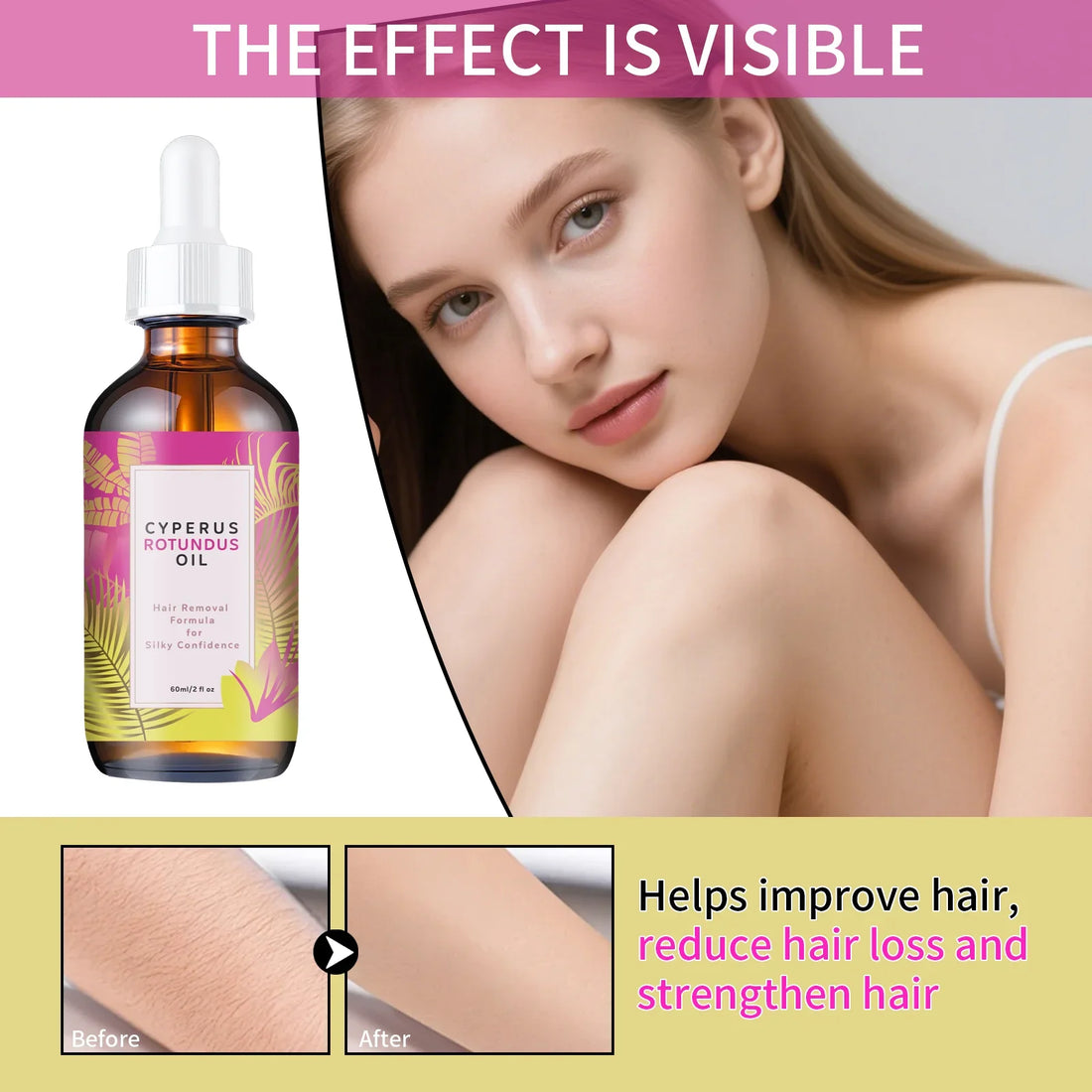 Hair Removal Oil 60ml - Natural Hair Growth Inhibitor with Jojoba & Almond Oil, Gentle Formula for Smooth Skin, All Skin Types