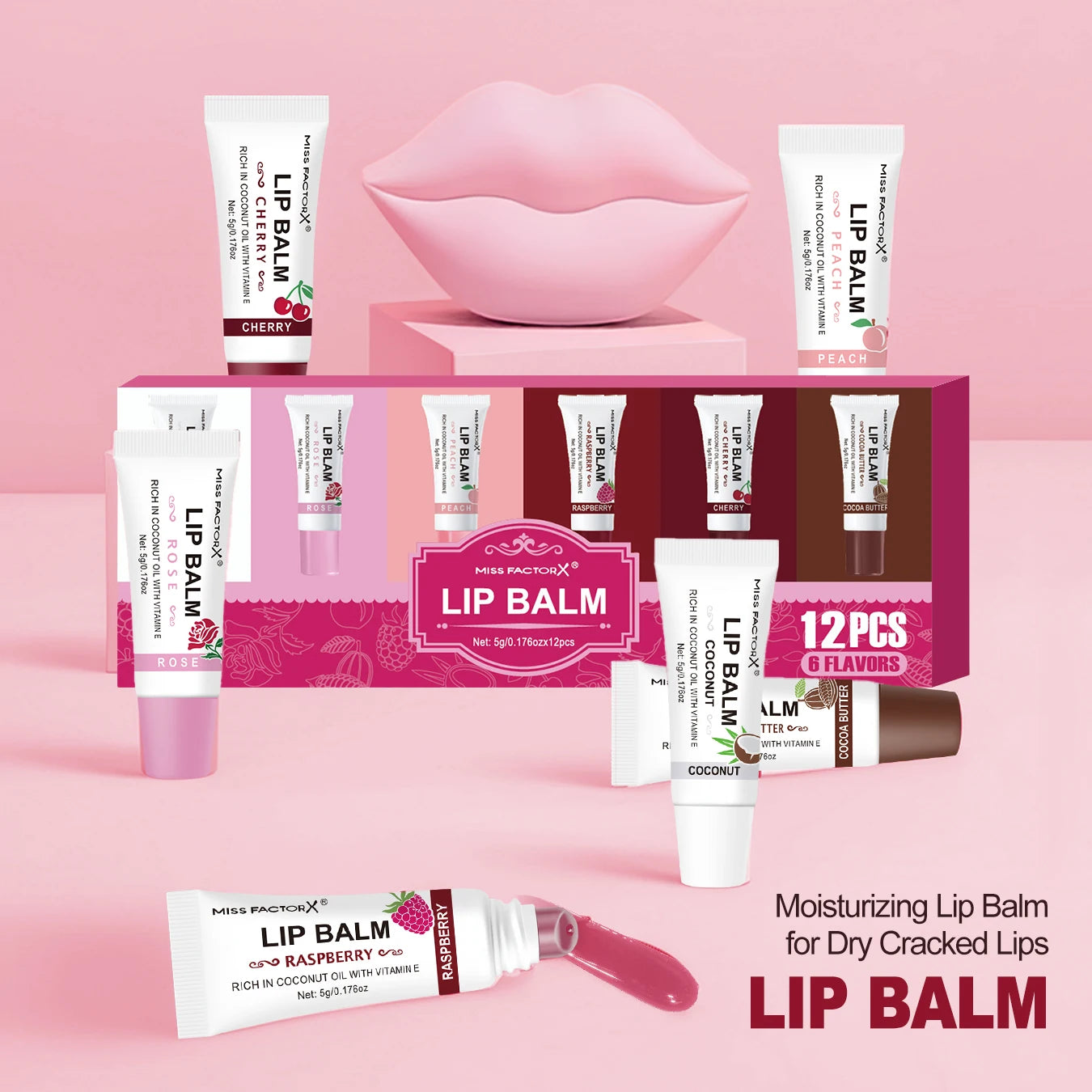 12pcs Lip Oil Set with 6 Flavors - Coconut, Rose, Peach, Raspberry, Cocoa Oil Flavors, Moisturizing Gloss, Strengthening Lip Col