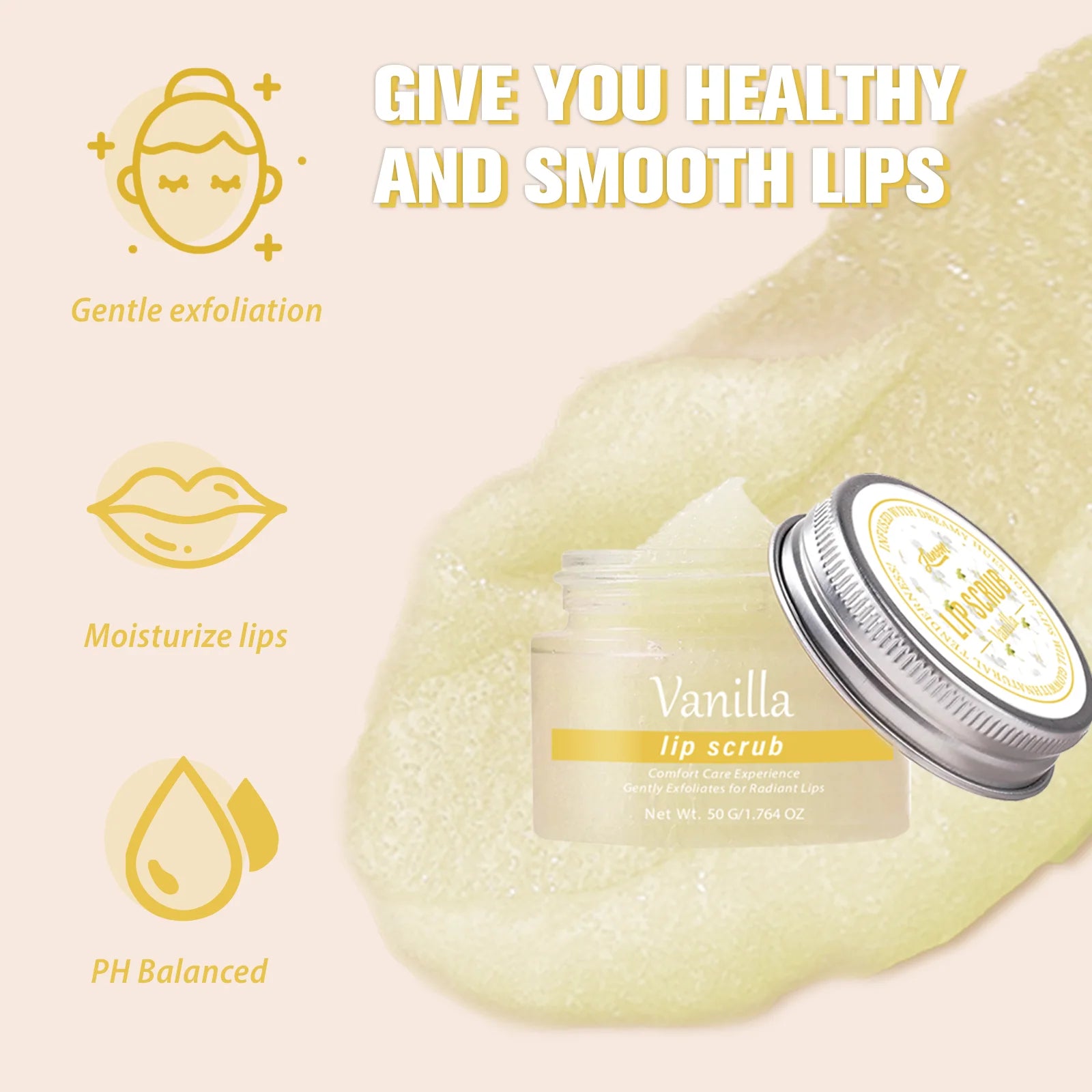 LUNOON Vanilla Lip Scrub 50g – Gentle Exfoliation for Radiant, Smooth Lips, Shea Butter & Avocado Oil | Long-Lasting Hydration